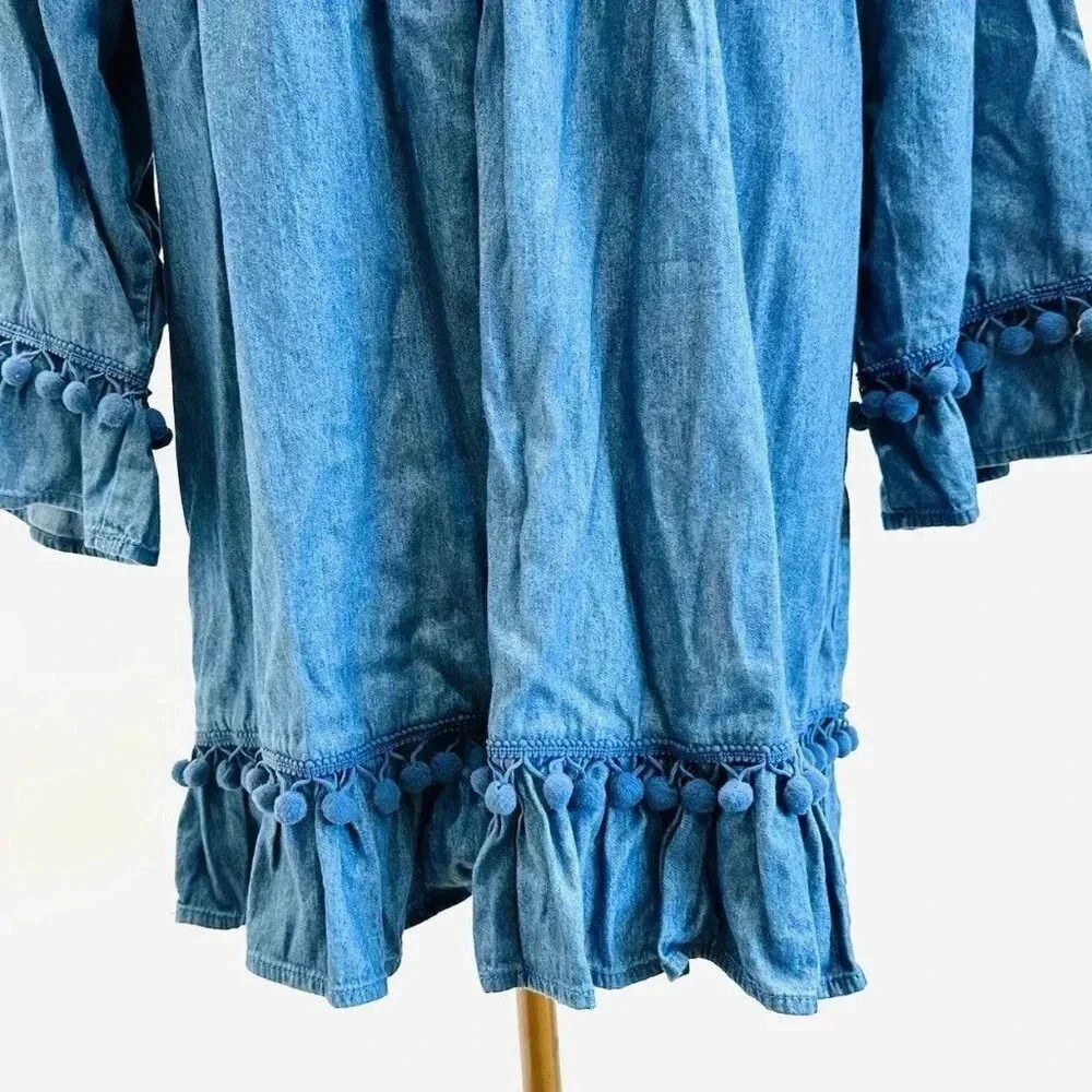Women 3/4 Sleeve Pull Over Off the Shoulder Pom-Pom Blue Tunic Shirt Size Large - Picture 9 of 11